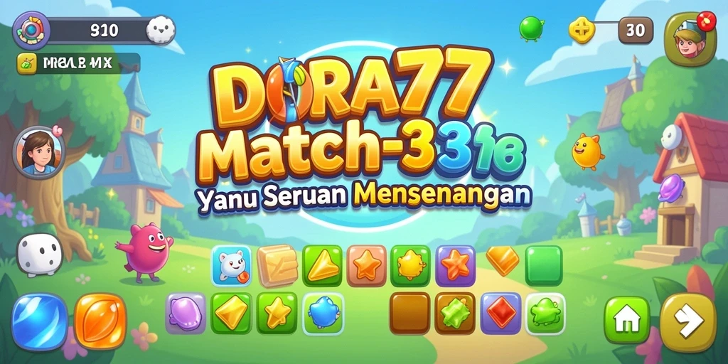 Screenshot DORA77 menampilkan aksi gameplay Match-3 yang seru dan penuh warna.