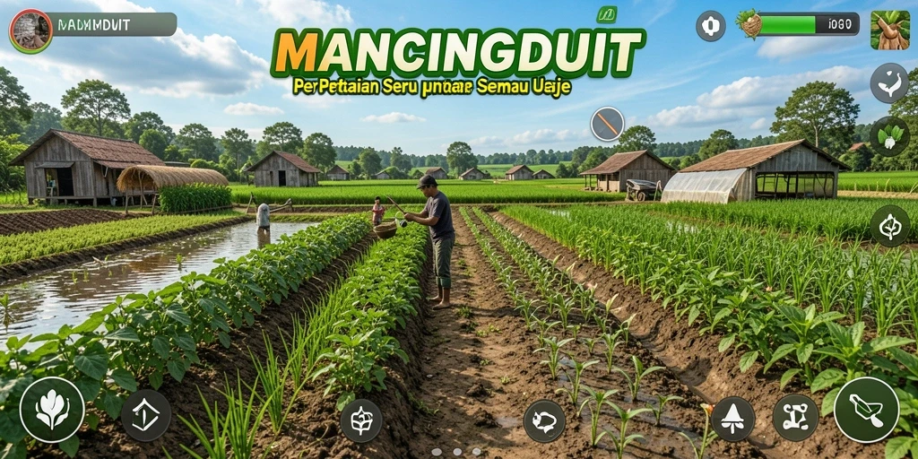 Tampilan gameplay MANCINGDUIT yang menampilkan kegiatan bertani dan memancing.