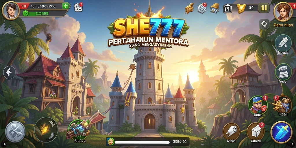 Tampilan utama gameplay Tower Defense SHE777 yang seru.